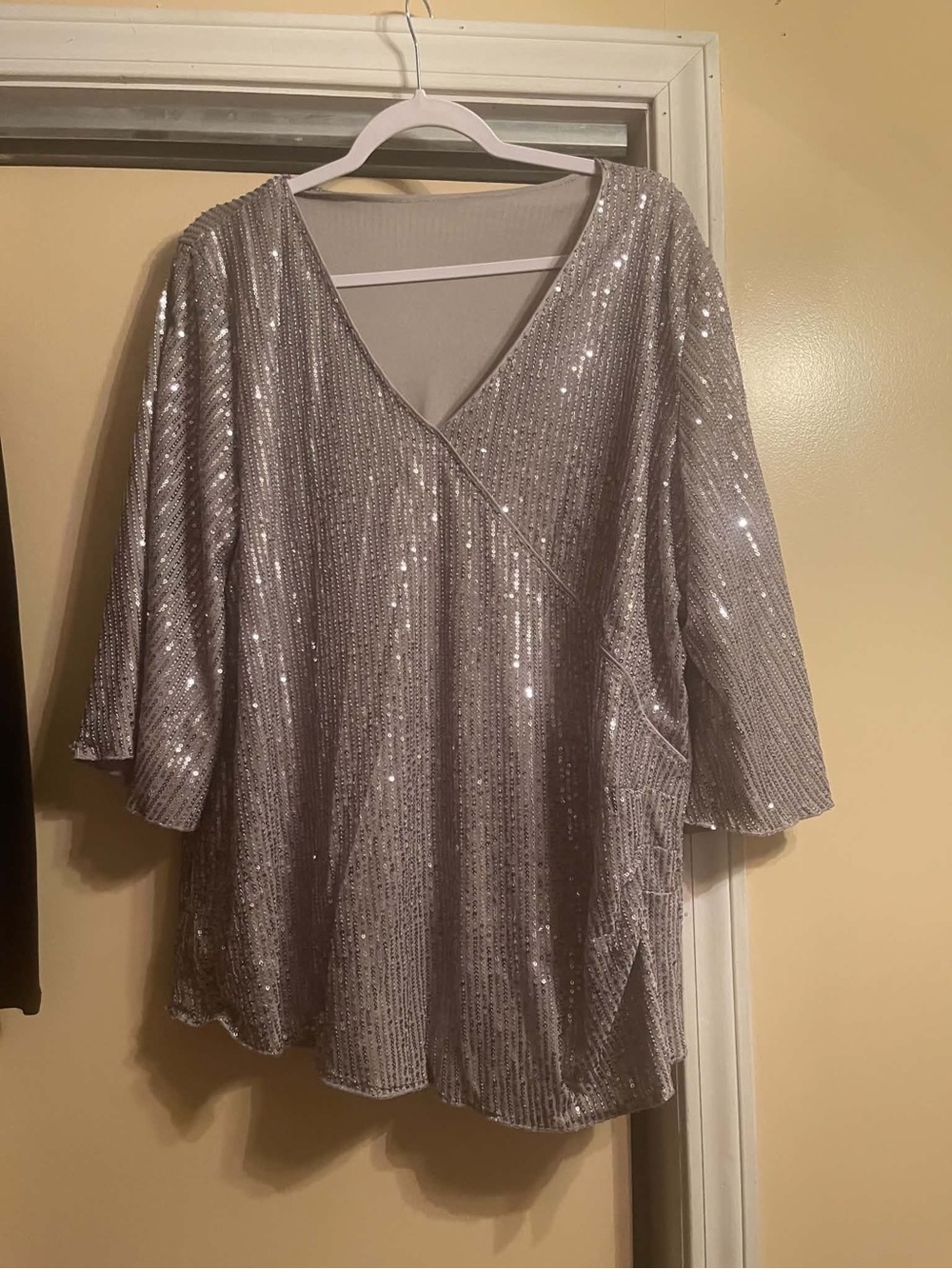 Silver Sequin V-Neck Tunic with Three-Quarter Sleeves